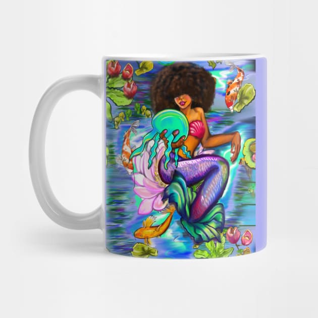 Mermaid holding a jellyfish with Koi fish in koi pond with plants and flowers black African American mermaid by Artonmytee